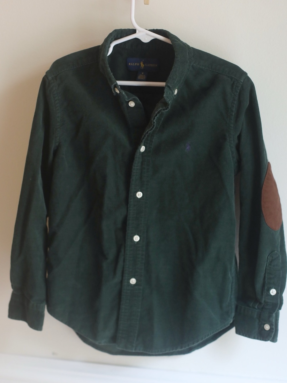Ralph Lauren Boys Green Corduroy Button Down Shirt w/ Elbow Patches Size 6